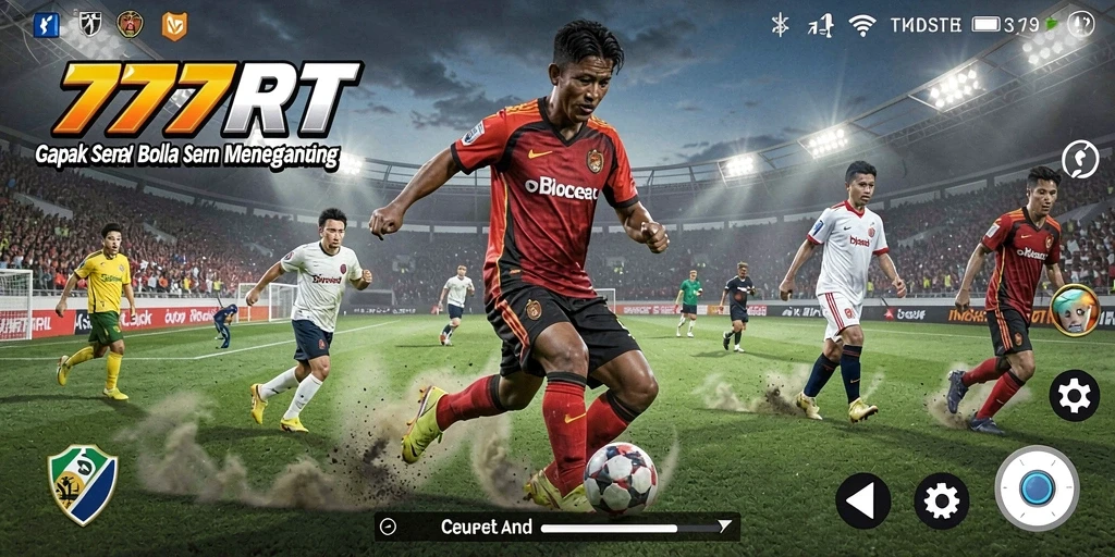 Screenshot gameplay 777RT menampilkan aksi seru di lapangan sepak bola.