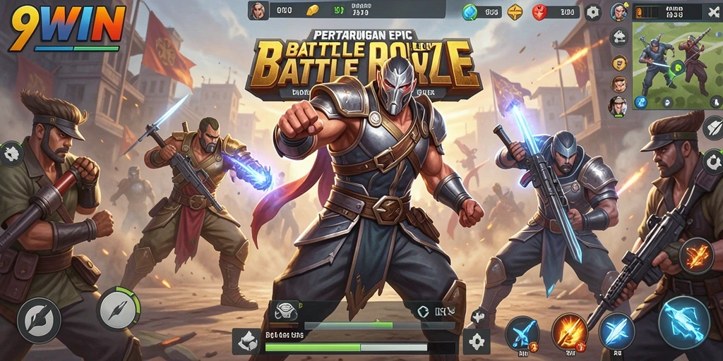 Screenshot gameplay 9WIN menampilkan aksi pertarungan Battle Royale yang intens.