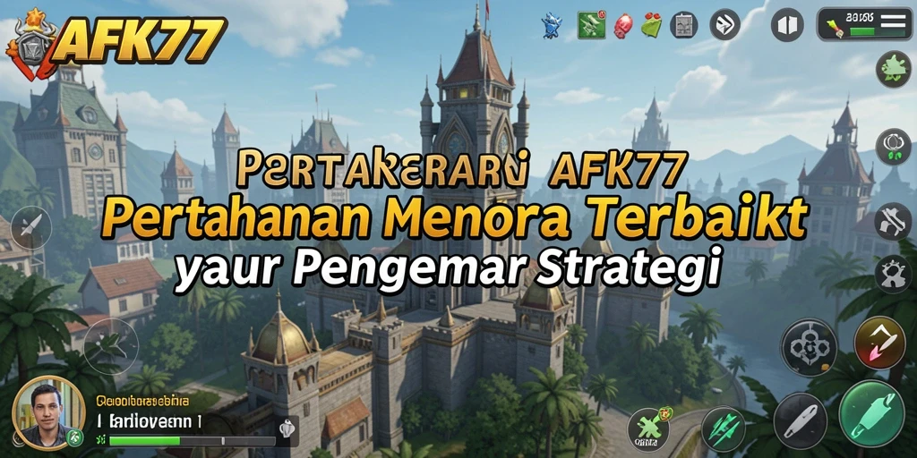 Tampilan gameplay seru di AFK77 dengan menara dan karakter strategis.