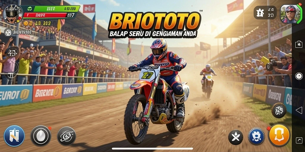 Tampilan gameplay seru BRIOTOTO dengan mobil balap berkecepatan tinggi.
