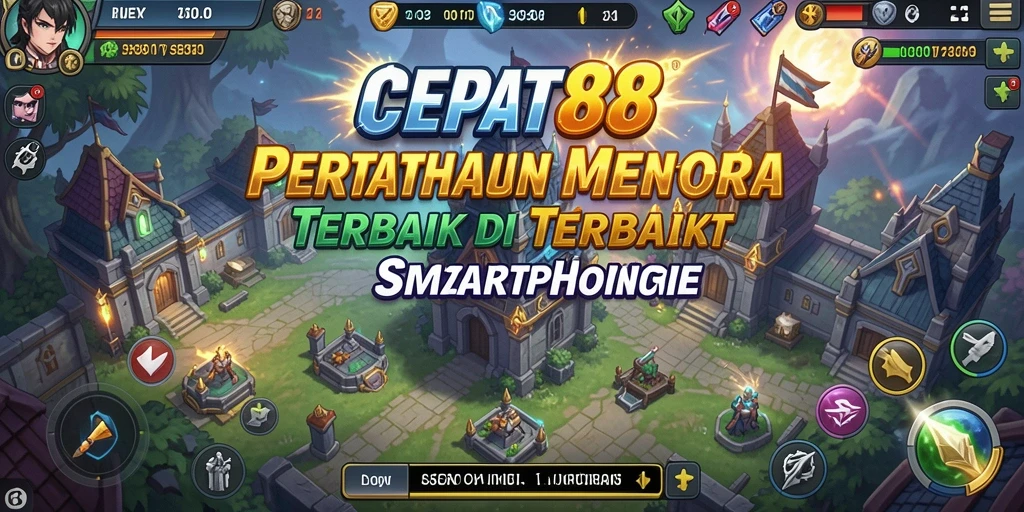 Tangkapan layar gameplay menunjukkan menara dan musuh dalam aksi.