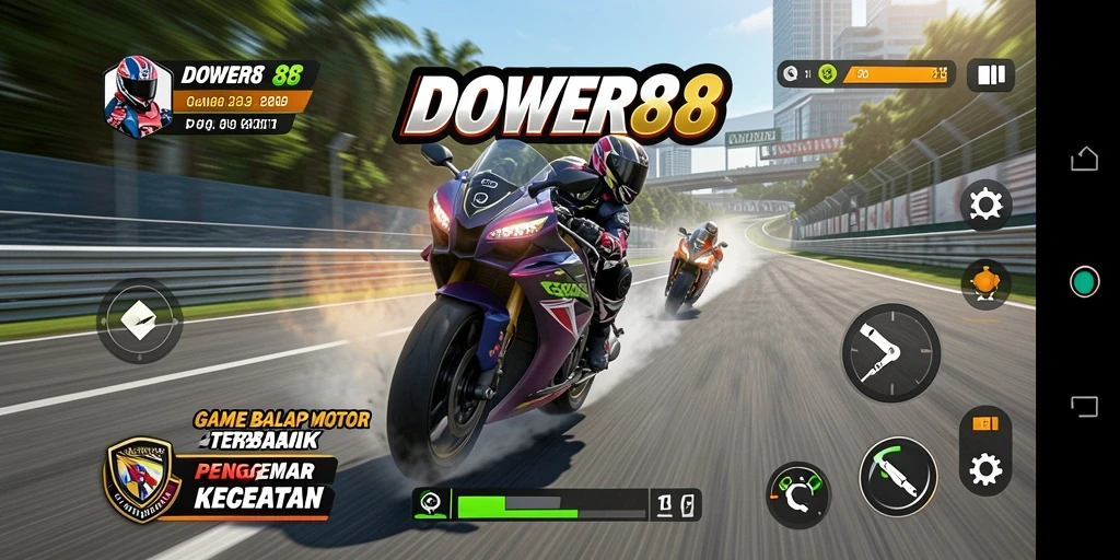 Tampilan gameplay DOWER88 yang mengasyikkan dengan balapan motor yang cepat.
