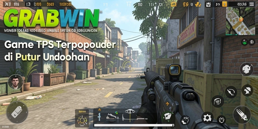 Tangkapan layar utama GRABWIN menampilkan aksi seru dalam gameplay TPS.