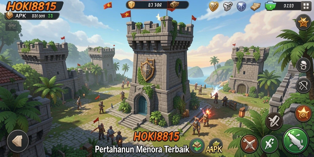 Screenshot HOKI8815 menampilkan aksi seru pertahanan menara dalam pertempuran.
