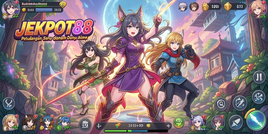 Screenshot gameplay JEKPOT88 menunjukkan karakter anime dalam aksi.