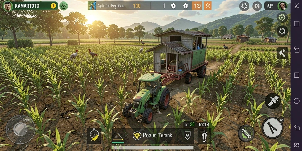 Tampilan gameplay KAMARTOTO dengan pertanian yang subur dan hewan-hewan menggemaskan.