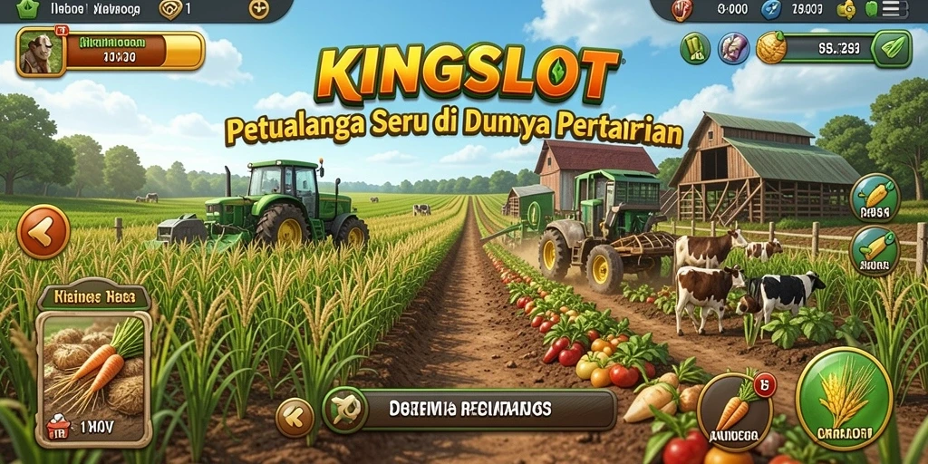 Tampilan utama gameplay KINGSLOT yang menampilkan kebun yang indah dan hewan ternak.