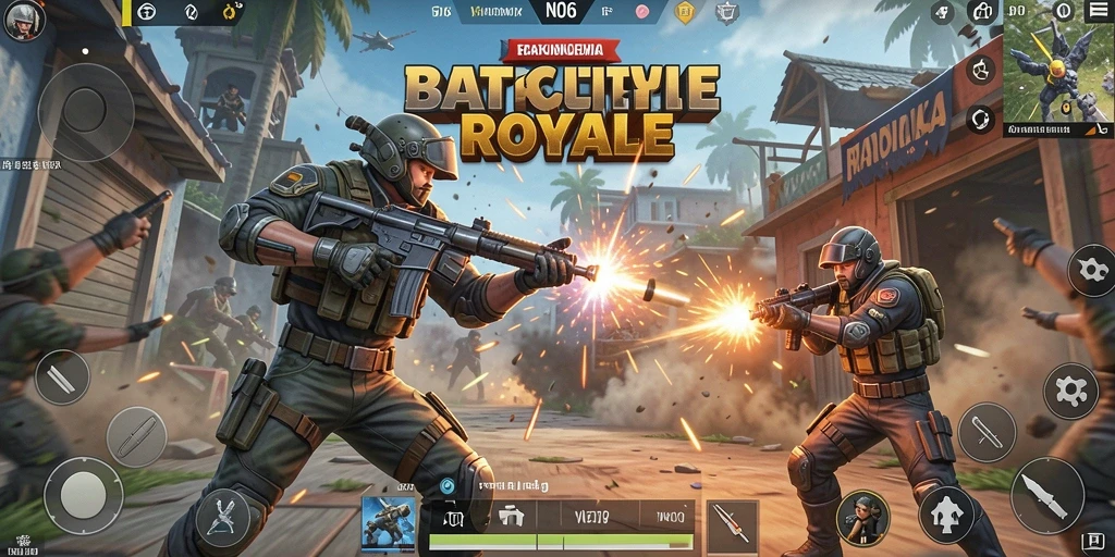 Screenshot utama N06 menampilkan aksi seru Battle Royale di arena.
