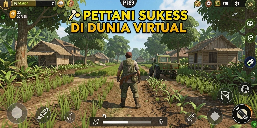 Screenshot gameplay PT89 menampilkan ladang hijau yang subur dan hewan ternak yang bahagia.