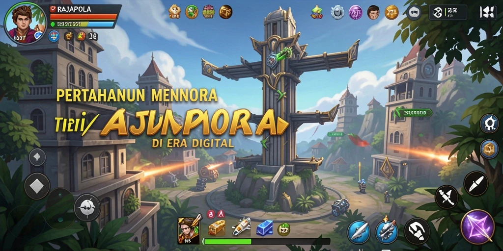Tangkapan layar dari gameplay RAJAPOLA menampilkan aksi pertahanan menara yang intens.